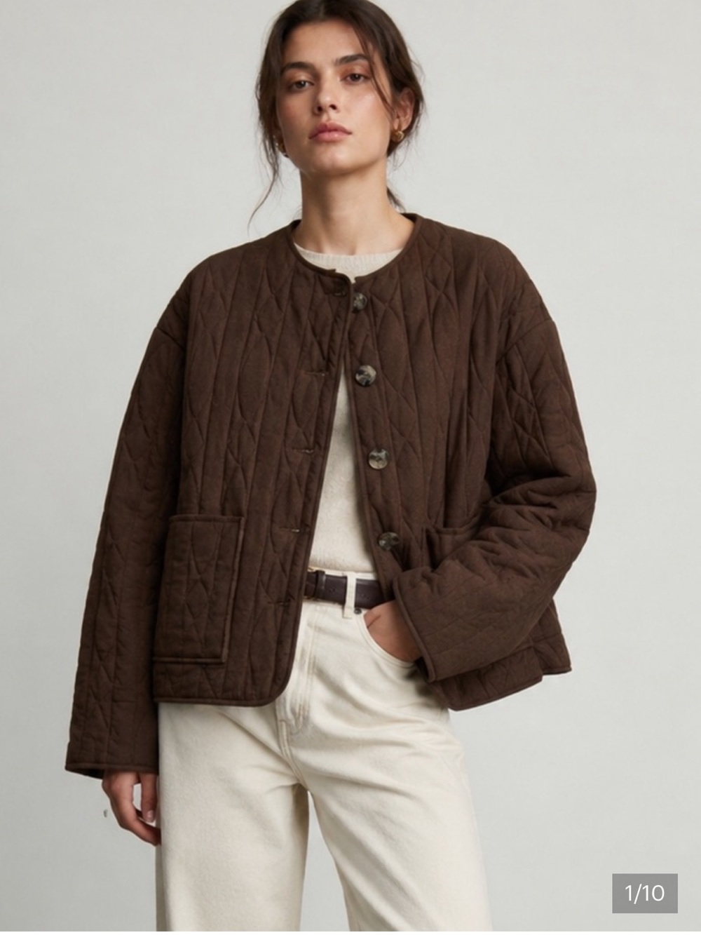 Zara Dark Brown Quilted Collarless Jacket Size M NWT